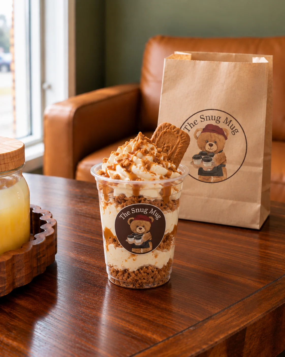 The Biscoff Parfait Hug in a dessert cup with a Snug Mug sticker