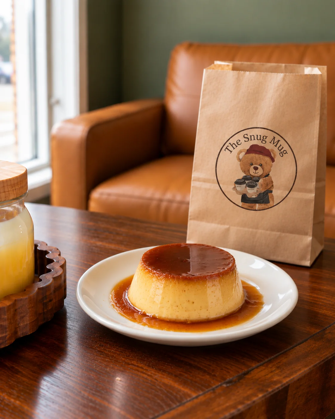 The Cozy Flan with caramel sauce on a white plate