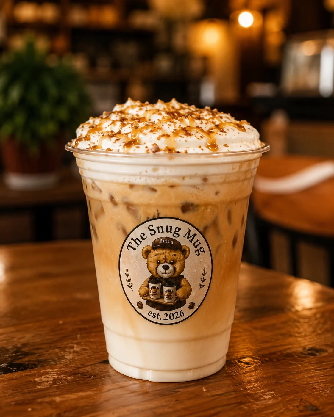 An iced caramel macchiato topped with whipped cream and caramel drizzle