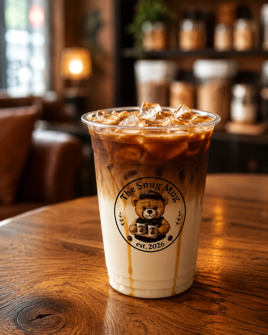 The Honey Bear Latte in a clear glass, layered with espresso and honey cold foam