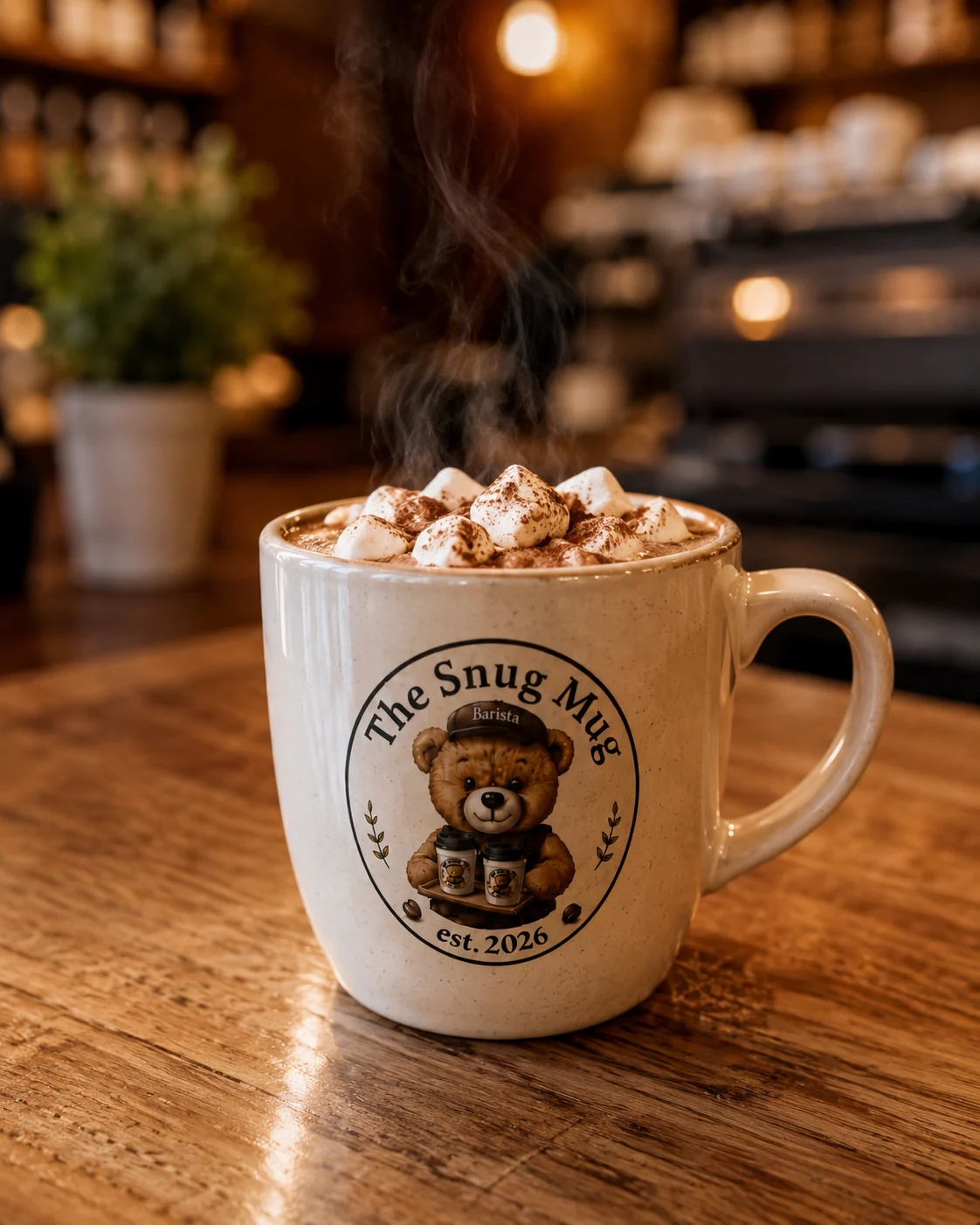 A steaming mug of hot chocolate topped with marshmallows and dusted cocoa