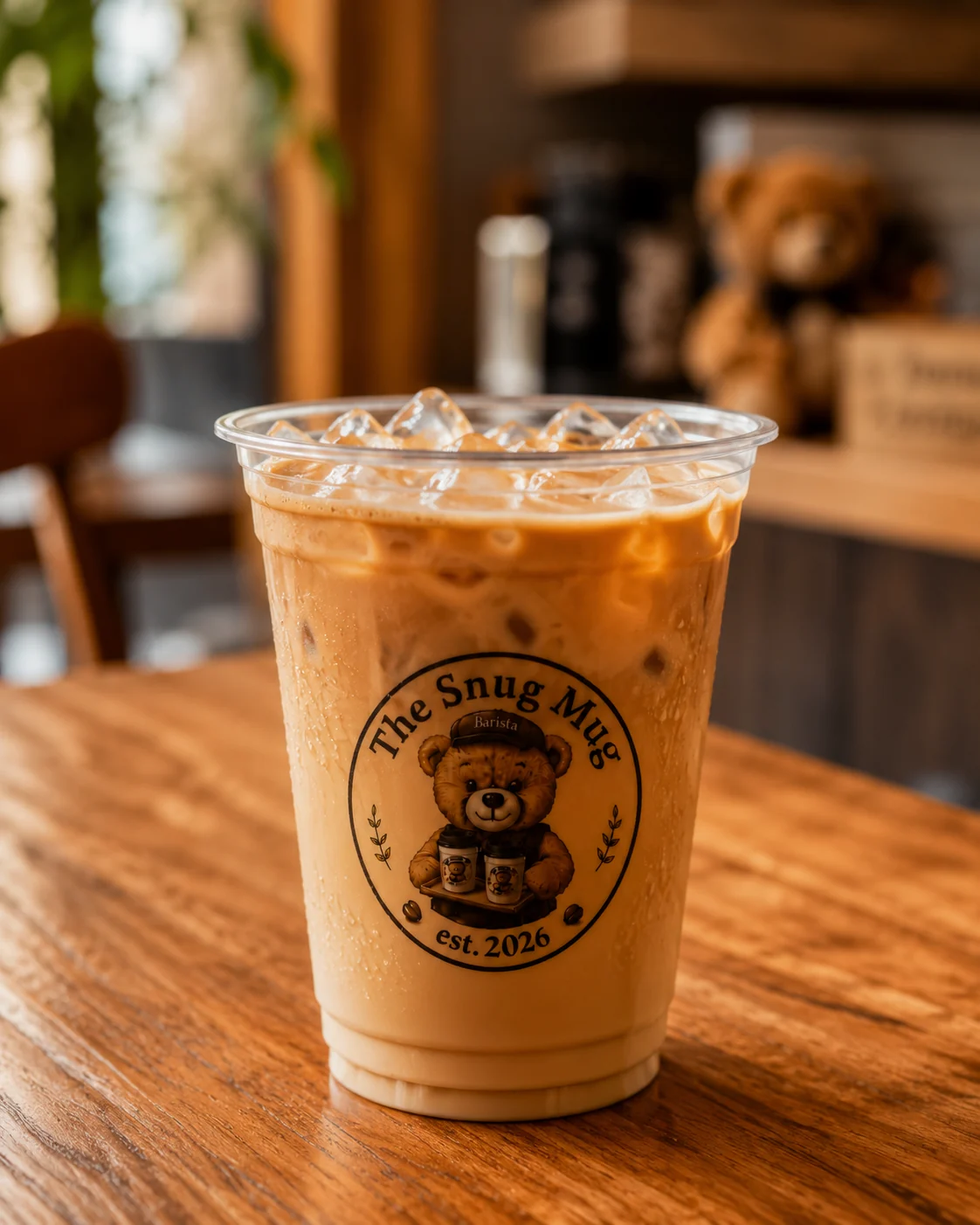 An iced latte in a clear Snug Mug cup, espresso swirling through cold milk