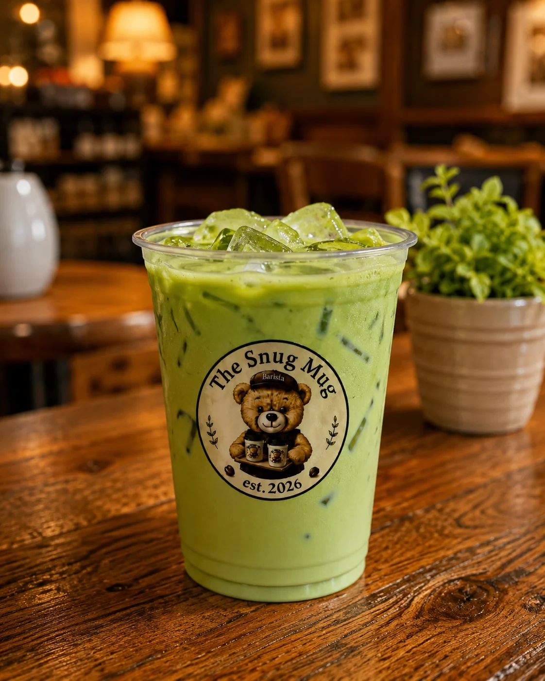 An iced matcha latte with bright green matcha layered over milk