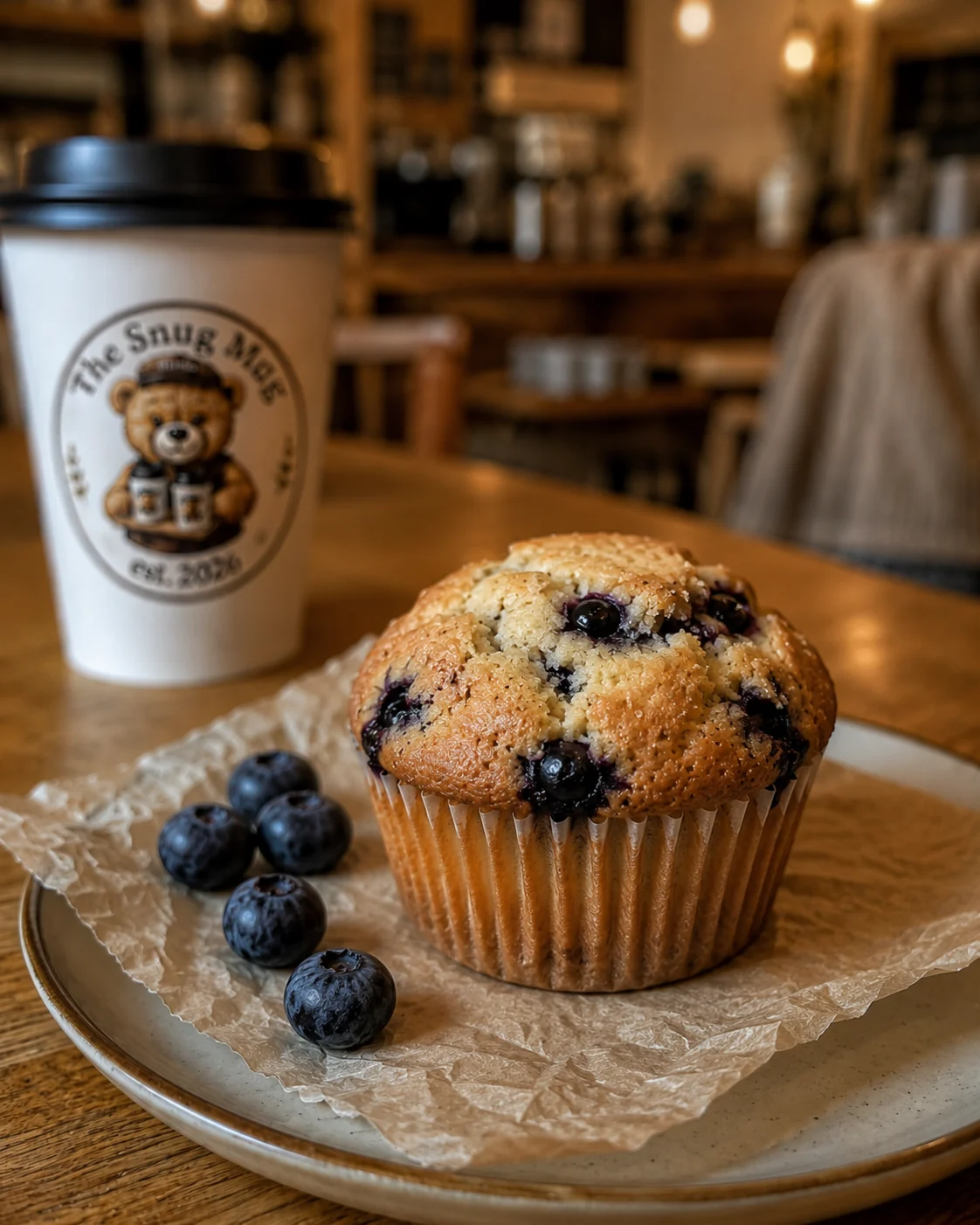 A blueberry muffin with a crumb top in a dark paper wrapper