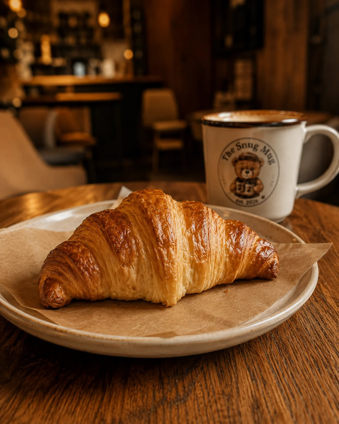 A golden butter croissant resting on parchment paper