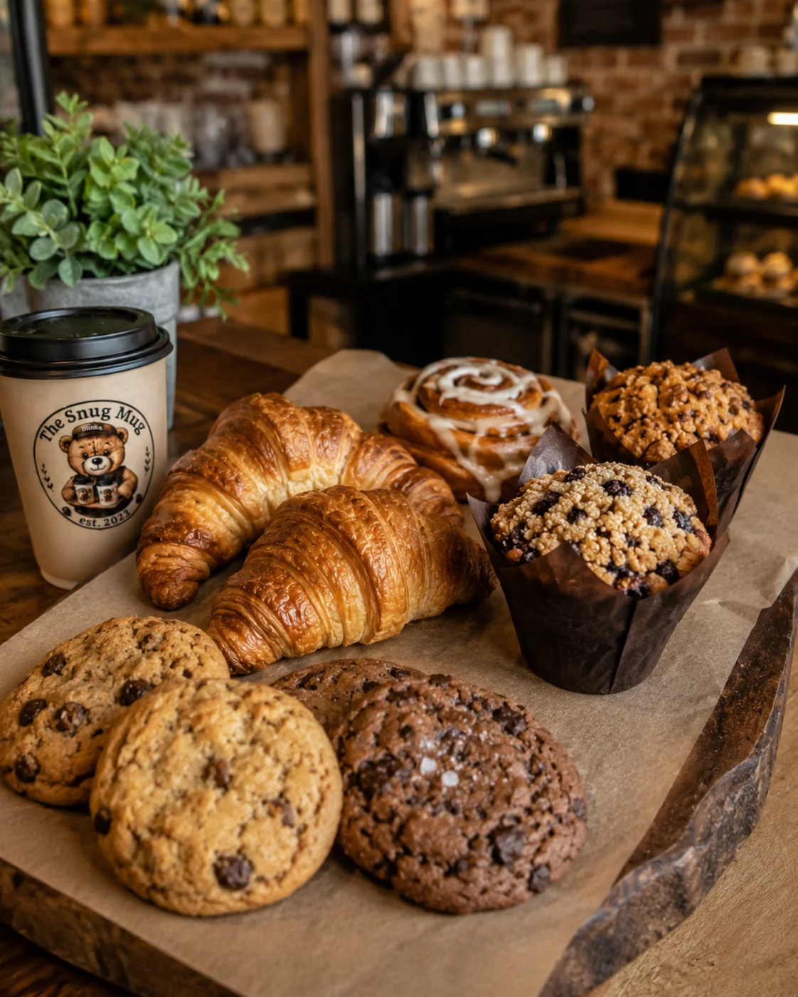 An assortment of croissants, cookies, a cinnamon roll, and muffins on a wooden board